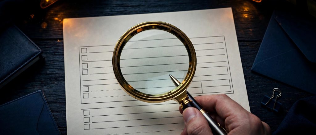放大镜审视文件资料,象征警惕庇护中介的模板故事